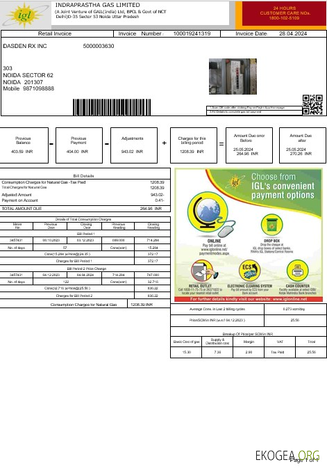 Modèle de facture de services publics d'entreprise Inde INDRAPRASTHA GAS LIMITED aux formats Word et PDF